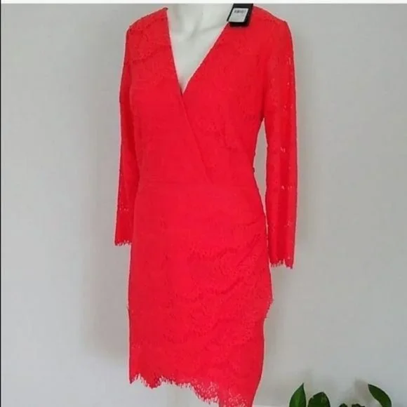 Guess Lace Dress Fitted Keyhole Back Orange Coral - Picture 2 of 7